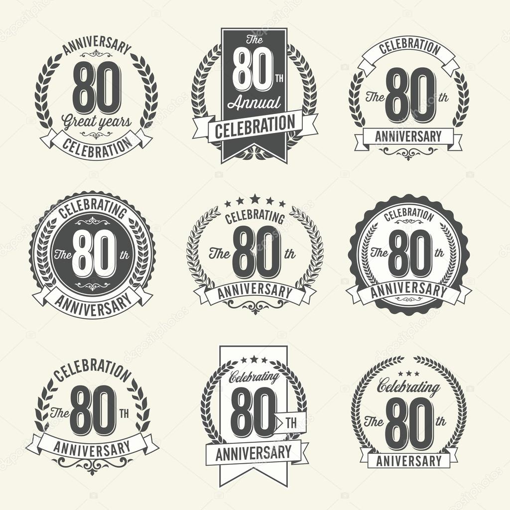 Set of Vintage Anniversary Badges 80th Year Celebration. Black and White.