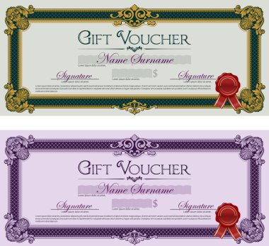 Hediye çeki ile süsleme çerçeve yeşil ve mor