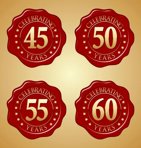 Distintivos de aniversário Ouro no selo de cera vermelha 45th, 50th, 55th, celebração do 60th Ano — Vetor de Stock