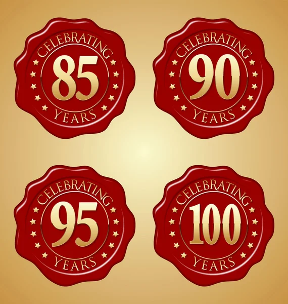 Insignias de aniversario de oro en el sello de cera roja 85th, 90th, 95th, 100th Celebración del Año — Archivo Imágenes Vectoriales