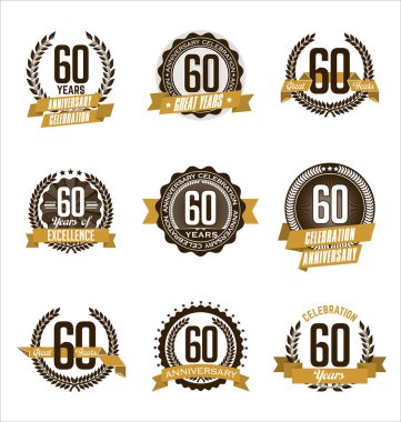 Vintage Anniversary Badges Brown and Gold 60th Year's Celebration clipart