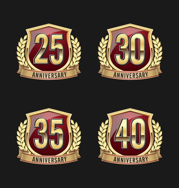 Insignias de Aniversario Oro y Rojo 25, 30, 35, 40 Celebración del Año — Vector de stock