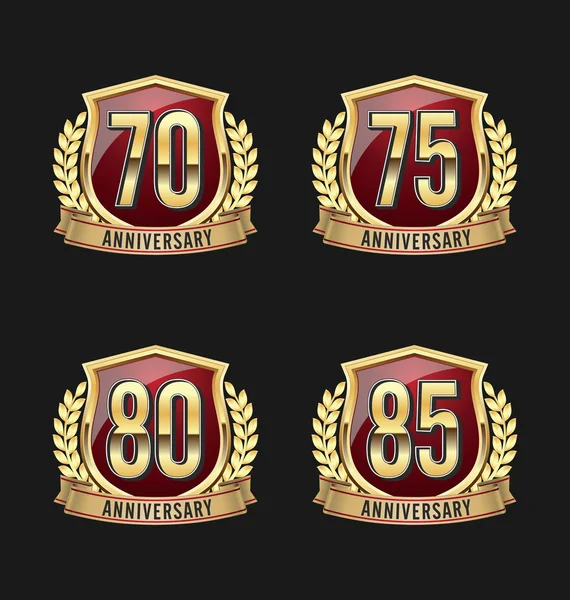 Verjaardag Badges goud en rode 70e 75e 80ste, 85e Year's Celebration — Stockvector