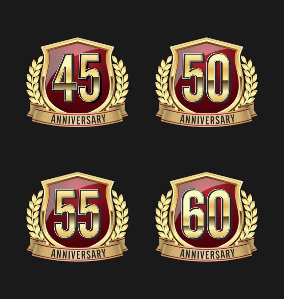 Insignias de Aniversario Oro y Rojo 45th, 50th, 55th, 60th Celebración del Año — Vector de stock