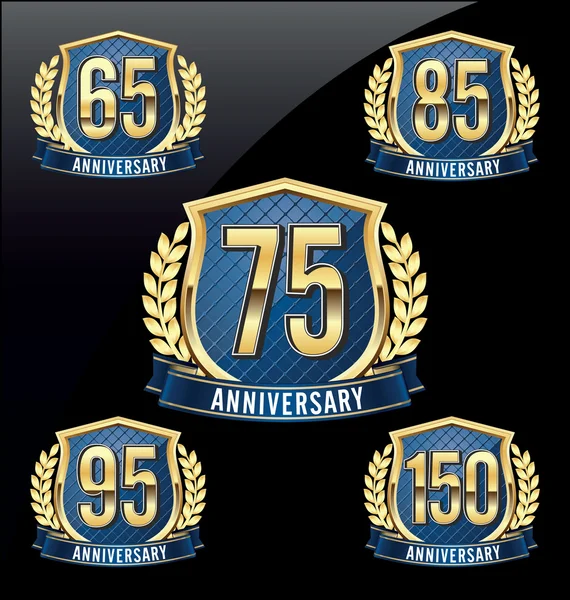 Insignias de Aniversario Oro y Azul 65th, 75th, 85th, 95th, 150th Year 's Celebration — Vector de stock