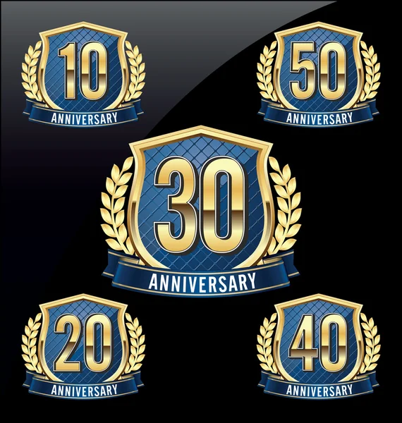 Insignias de Aniversario Oro y Azul 10ª, 20ª, 30ª, 40ª, 50ª Celebración del Año — Vector de stock