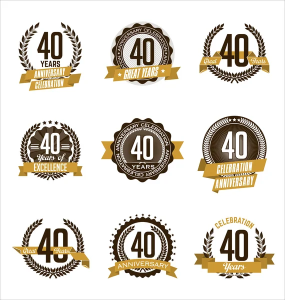 Insignes d'anniversaire vintage Marron et or Célébration du 40e anniversaire — Image vectorielle