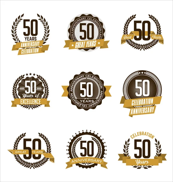 Vintage Anniversary Badges Brown and Gold 50th Year's Celebration — Stock Vector