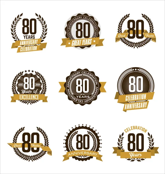 Vintage Anniversary Badges Brown and Gold 80th Year 's Celebration — стоковый вектор