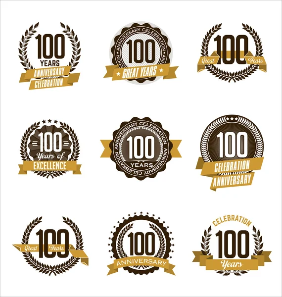 Vintage Anniversary Badges Brown and Gold 100th Year 's Celebration — стоковый вектор