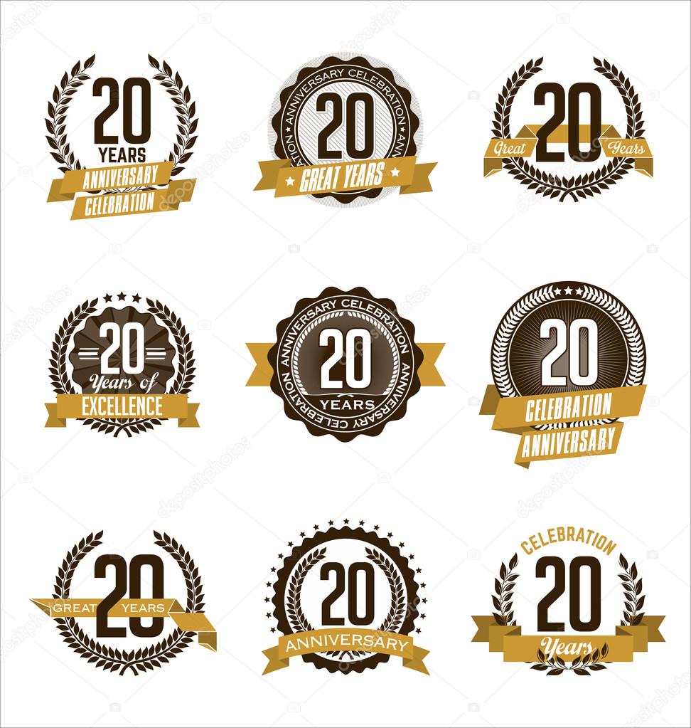 Vintage Anniversary Badges Brown and Gold 20th Year's Celebration