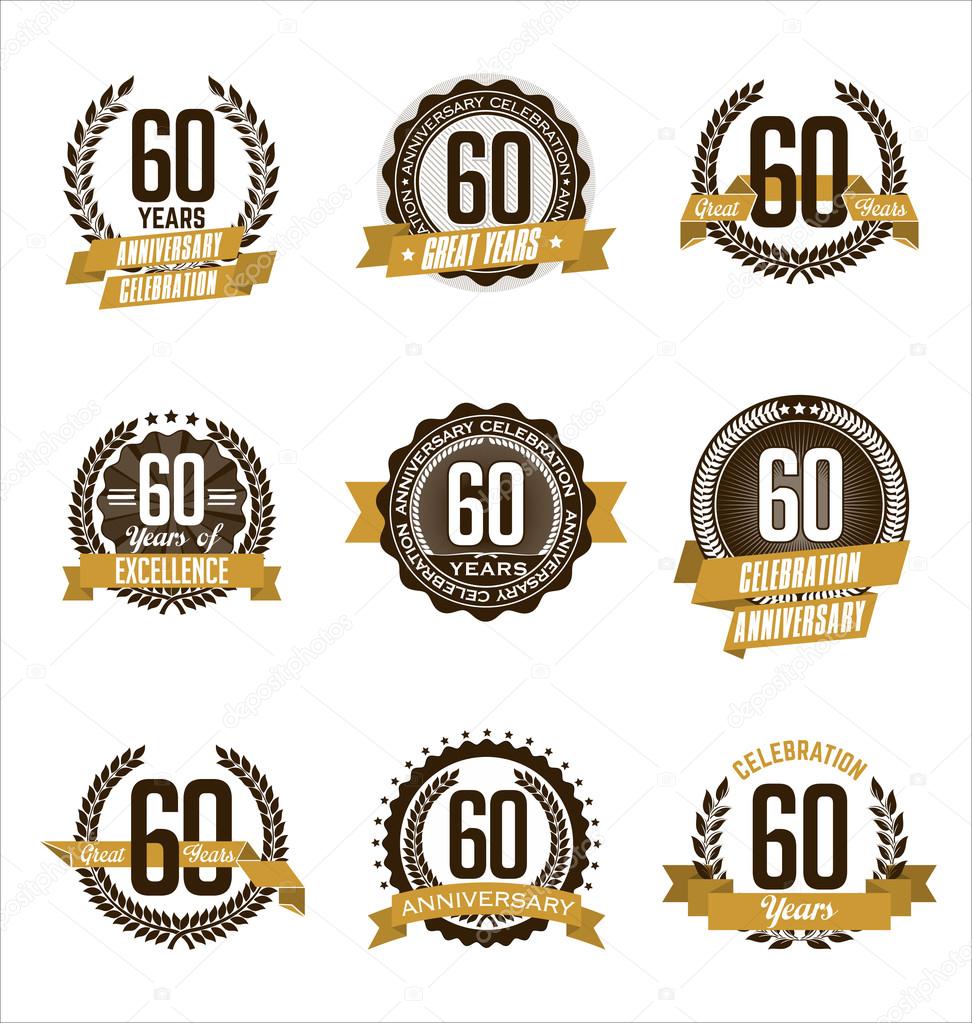 ik zal sterk zijn server Pijnstiller Vintage Anniversary Badges Brown and Gold 60th Year's Celebration Stock  Vector by ©visarts 95506524