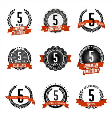 Vintage Anniversary Badges Black and Red 5th Year's Celebration clipart