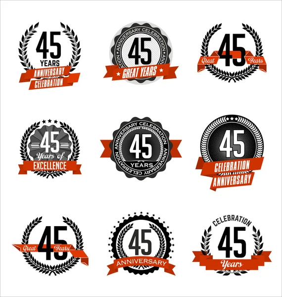 Insignes d'anniversaire Vintage Célébration du 45e anniversaire noir et rouge — Image vectorielle