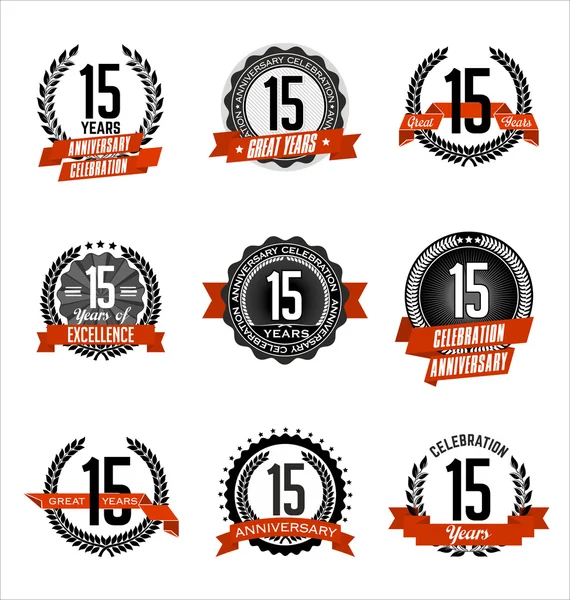 Insignes d'anniversaire Vintage Célébration du 15e anniversaire noir et rouge — Image vectorielle