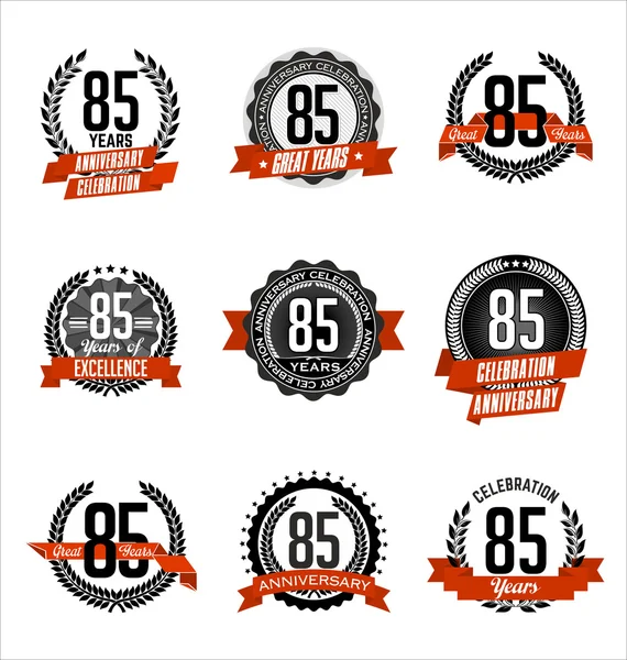 Vintage Aniversario Insignias Negro y Rojo 85ª Celebración del Año — Vector de stock