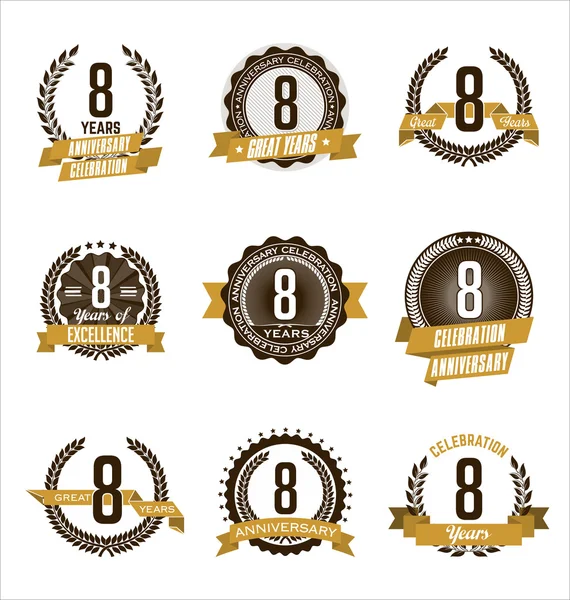 Vintage Anniversary Badges Brown and Gold 8th Year's Celebration — Stock Vector