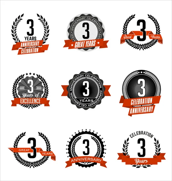 Vintage Aniversario Insignias Negro y Rojo 3er Año de Celebración — Vector de stock