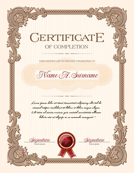 Certificato di completamento Ritratto con ornamento floreale Vintage Frame . — Vettoriale Stock