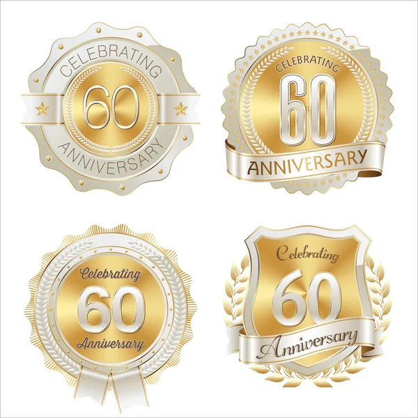 Goud en wit verjaardag Badges 60e jaar viering — Stockvector