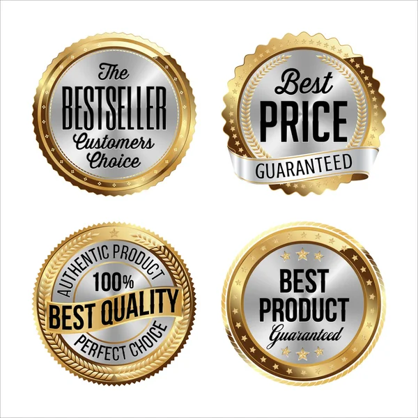 Золотые и серебряные значки. Лучший продавец, лучшая цена, лучшее качество, лучший продукт . — стоковый вектор