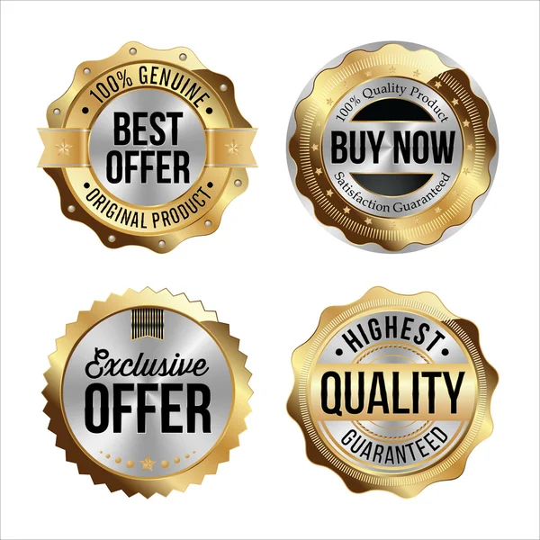 Badges Or et Argent. Meilleure offre, Acheter maintenant, Offre exclusive, Meilleure qualité . — Image vectorielle