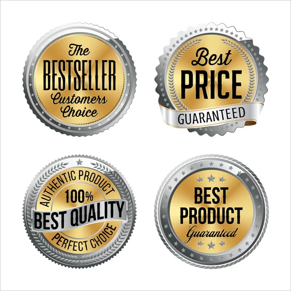 Срібні та золоті значки. Бестселер, Найкраща ціна, Найкраща якість, Найкращий продукт . — стоковий вектор