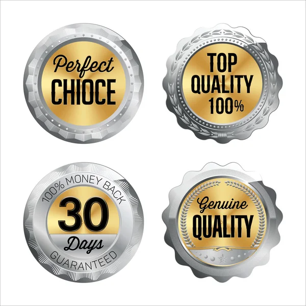 Zilveren en gouden Badges. Perfecte keuze, Top kwaliteit 100%, 30 dagen geld terug, echte kwaliteit. — Stockvector