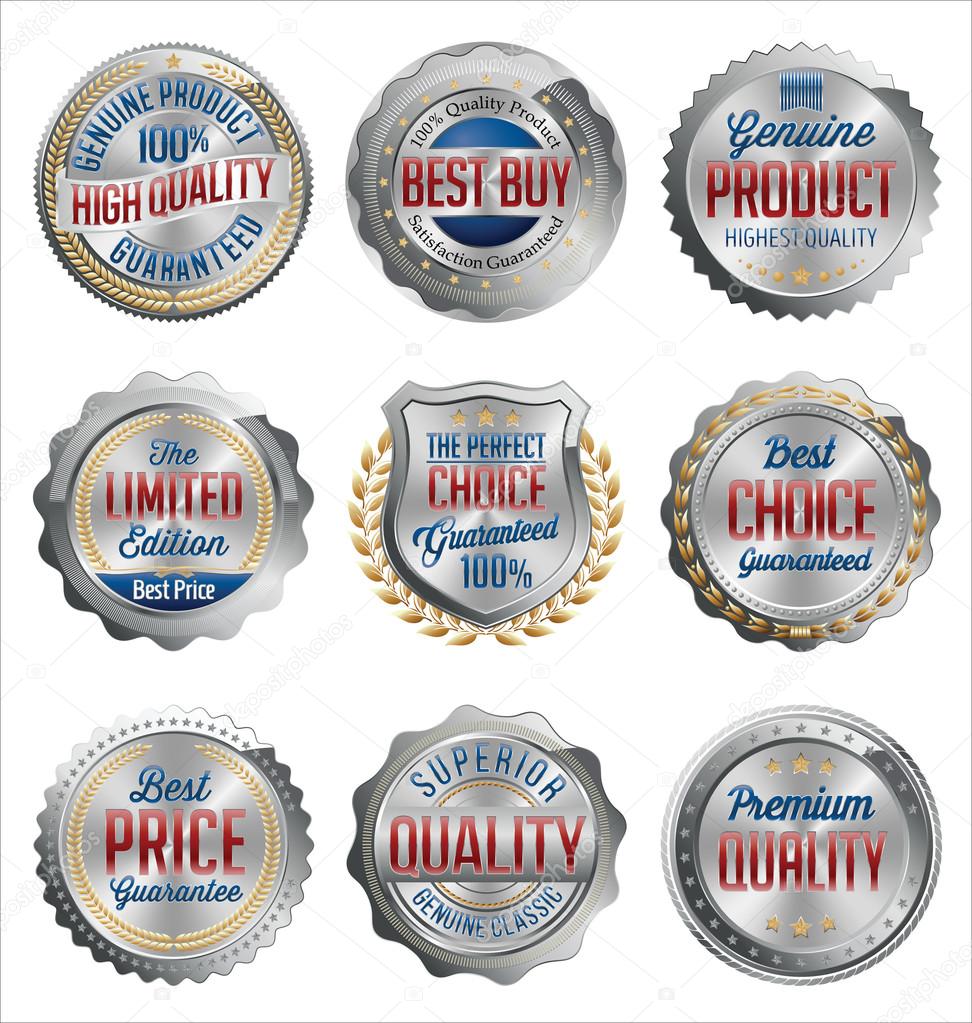 Badges and Stickers. Set of Luxury Silver with Gold, Red and Navy Details. Best Quality.