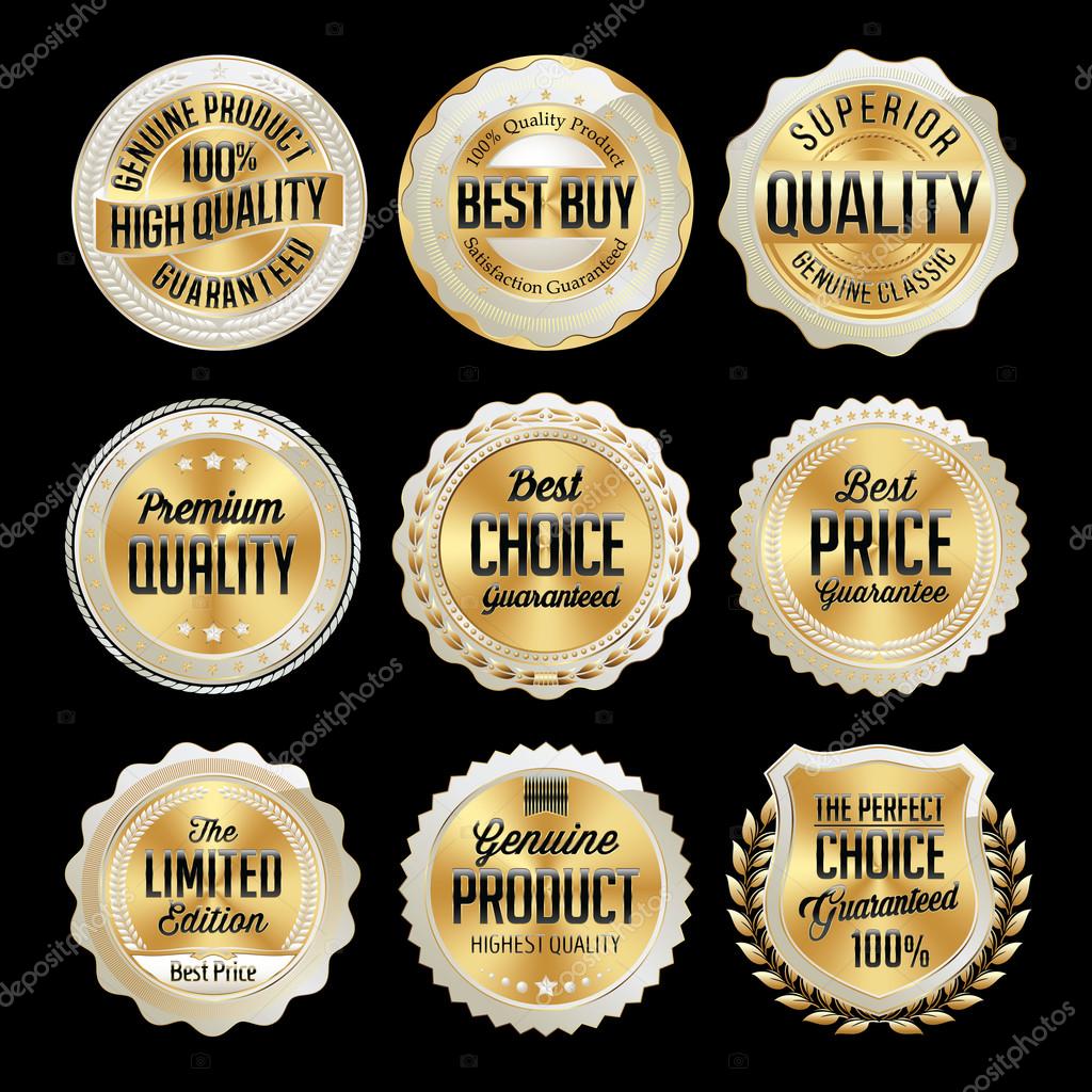 Set of  Gold and White Badges on Black Background. Best Choice, Best Buy, Premium Quality.