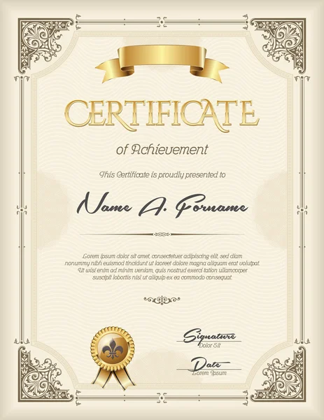 Certificate of Achievement Vintage  Frame Beige Portrait — Stock Vector
