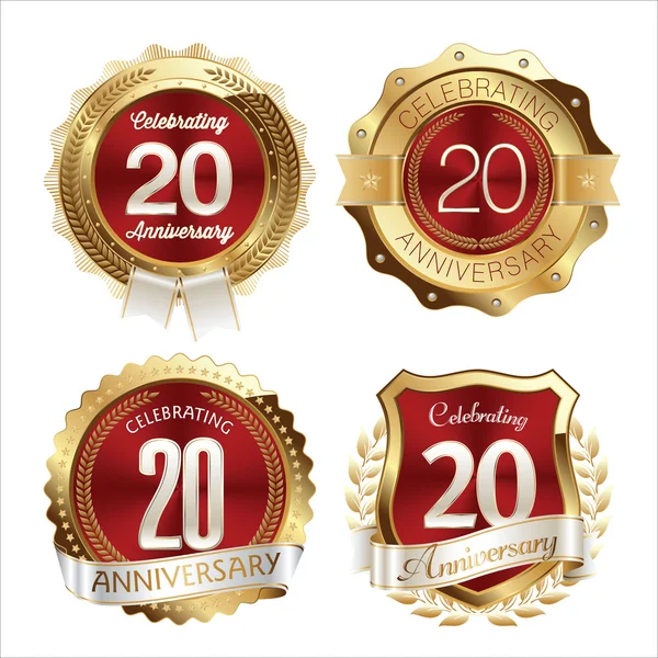 Goldene und rote Jubiläums-Abzeichen 20 Jahre Feier — Stockvektor