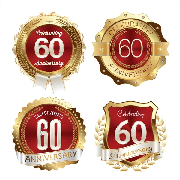 Celebración de 60 años de insignias de oro y rojo — Vector de stock