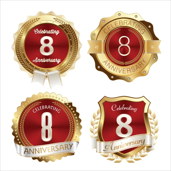 Distintivos de aniversário de ouro e vermelho Celebração dos 8 anos —  Vetores de Stock