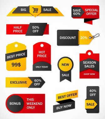 Vektör etiketleri, fiyat etiketleri, afişler, etiketler. Kupon satışı, teklifler ve promosyon vektör şablonu.
