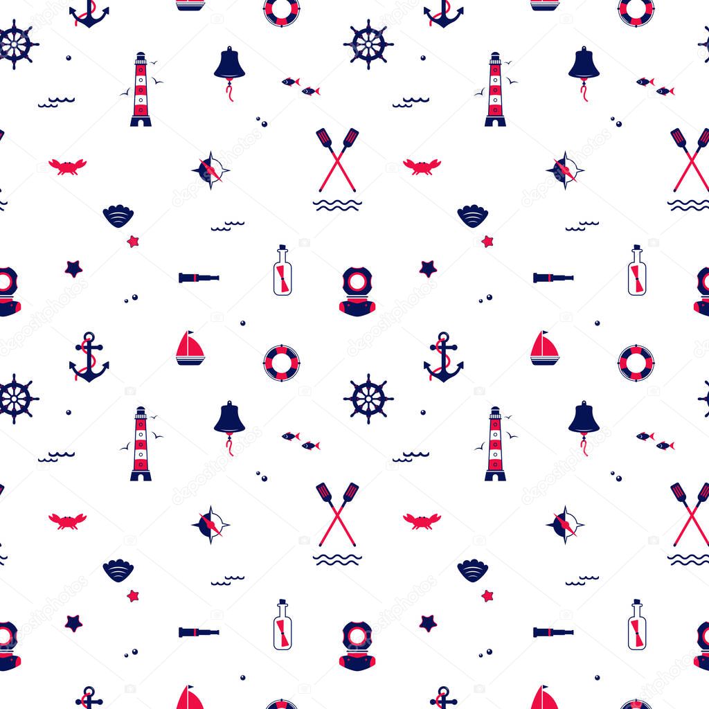 Seamless texture from sailing elements. Pattern, abstract background, wallpaper. Nautical collection,  marine travel icons.