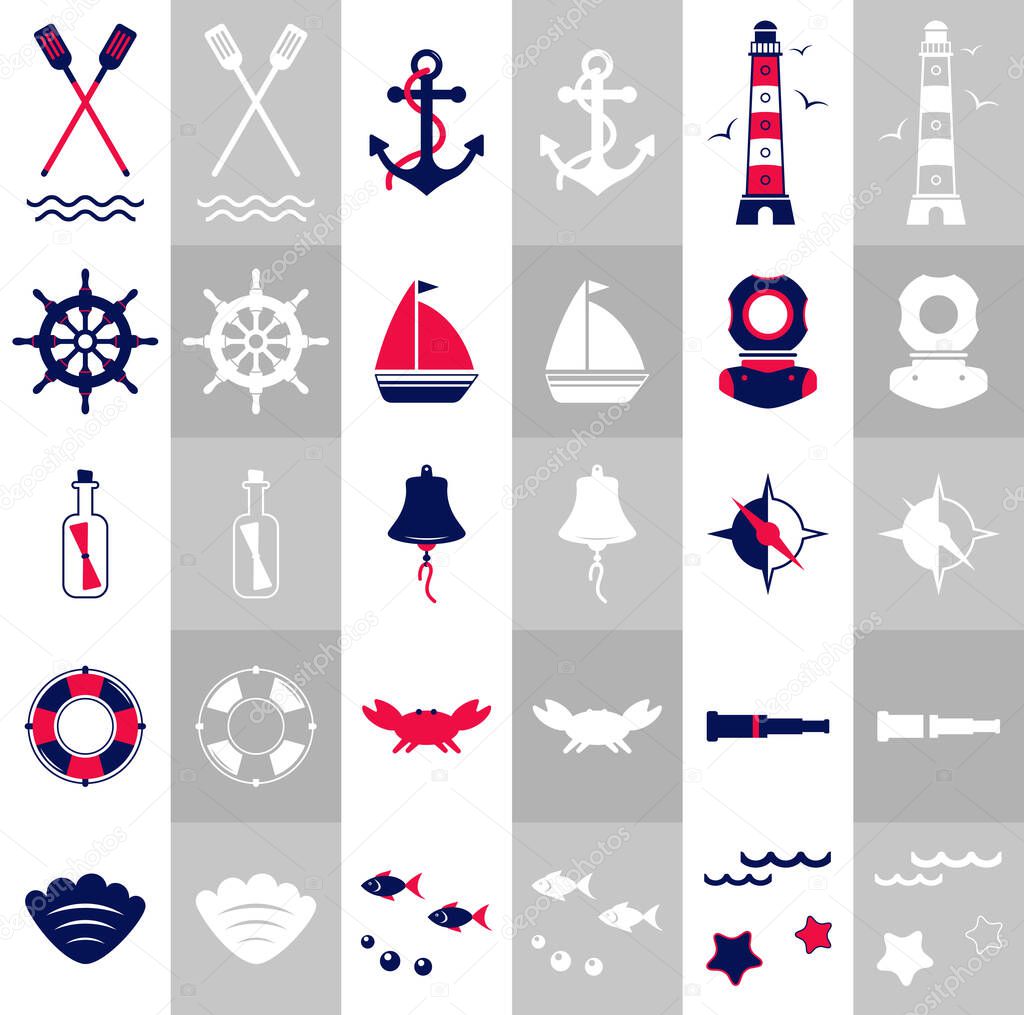 Marine travel icons, sailing elements. Nautical collection, vector set.