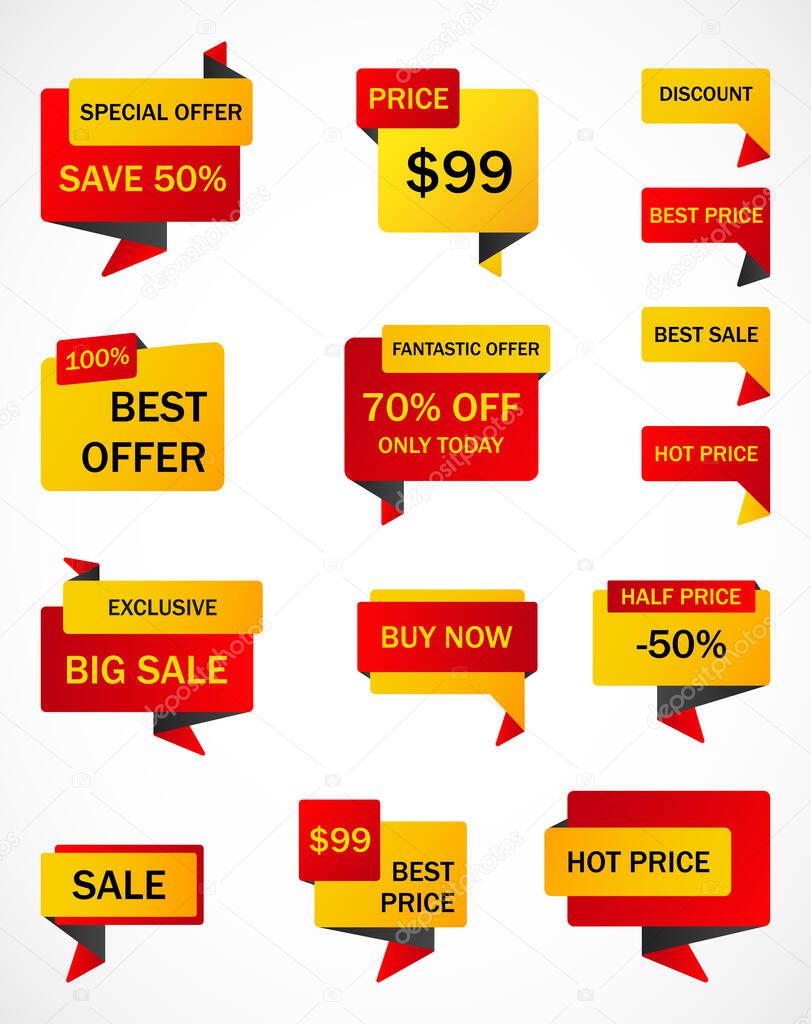 Vector stickers, price tag, banner, label. Coupon sale, offers and promotions vector template.