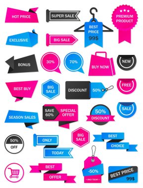 Vektör etiketleri, fiyat etiketleri, afişler, etiketler. Kupon satışı, teklifler ve promosyon vektör şablonu.