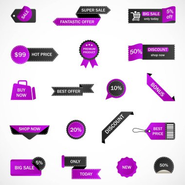 Vektör etiketleri, fiyat etiketleri, afişler, etiketler. Kupon satışı, teklifler ve promosyon vektör şablonu.