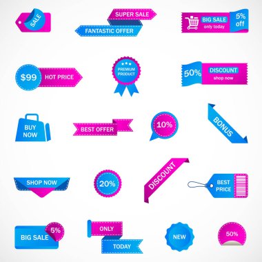 Vektör etiketleri, fiyat etiketleri, afişler, etiketler. Kupon satışı, teklifler ve promosyon vektör şablonu.