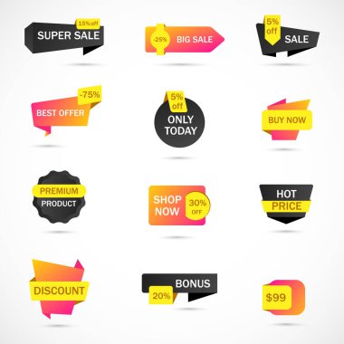 Vektör etiketleri, fiyat etiketleri, afişler, etiketler. Kupon satışı, teklifler ve promosyon vektör şablonu.