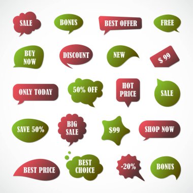 Vektör etiketleri, fiyat etiketleri, afişler, etiketler. Kupon satışı, teklifler ve promosyon vektör şablonu.