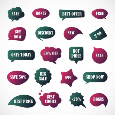  Vektör etiketleri, fiyat etiketleri, afişler, etiketler. Kupon satışı, teklifler ve promosyon vektör şablonu.