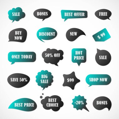 Vektör etiketleri, fiyat etiketleri, afişler, etiketler. Kupon satışı, teklifler ve promosyon vektör şablonu. 