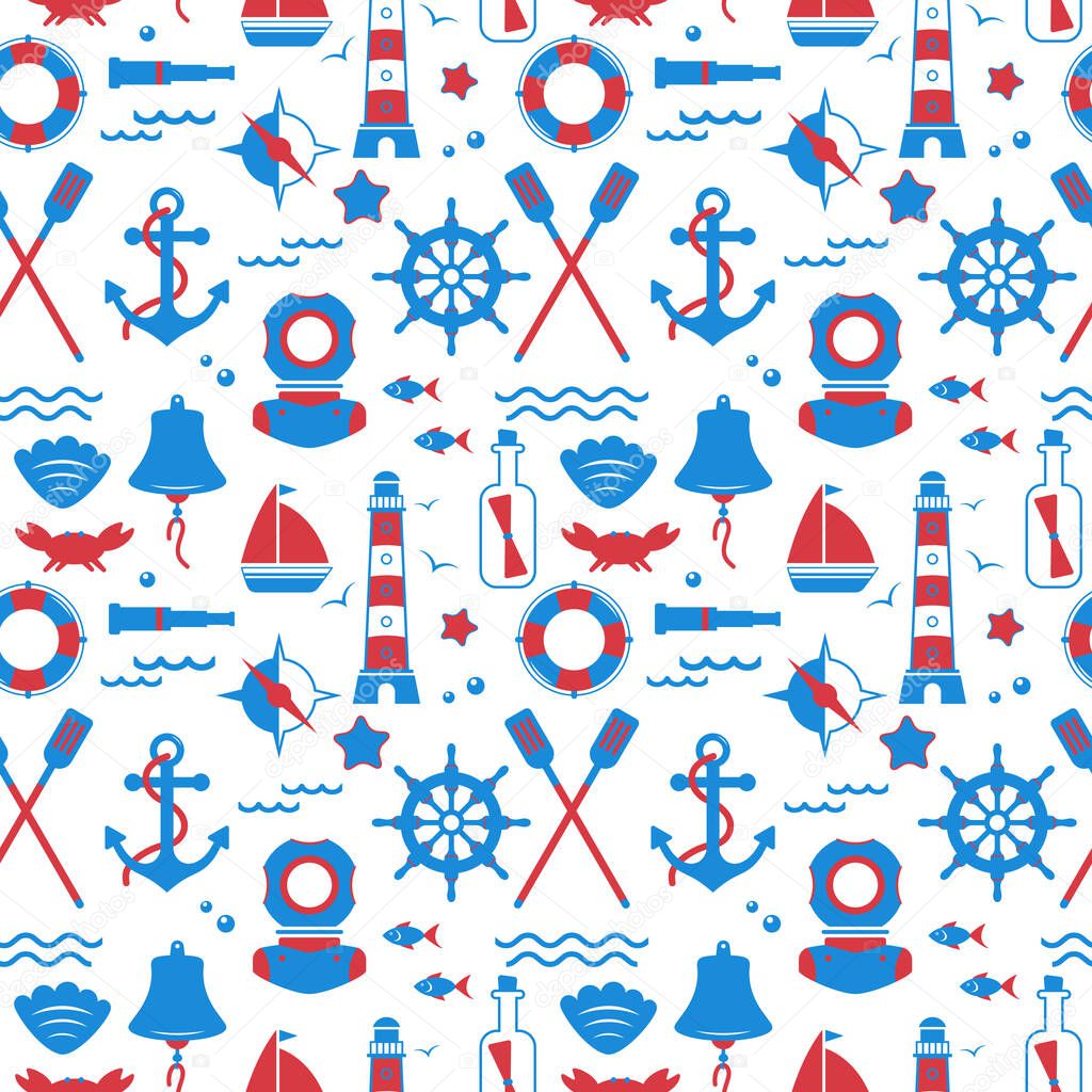 Seamless texture from sailing elements. Pattern, abstract background, wallpaper. Nautical collection, marine travel icons.