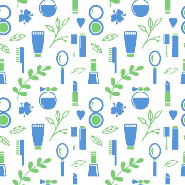 Kozmetik simgelerinden ve çiçek elementlerinden kusursuz doku, desen, soyut arkaplan, duvar kağıdı