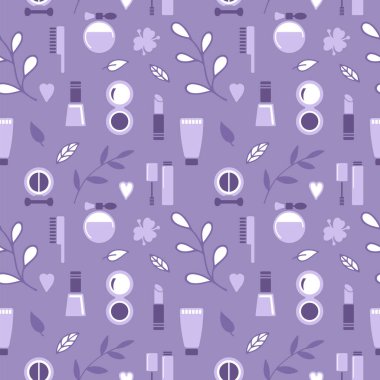 Kozmetik simgelerinden ve çiçek elementlerinden kusursuz doku, desen, soyut arkaplan, duvar kağıdı
