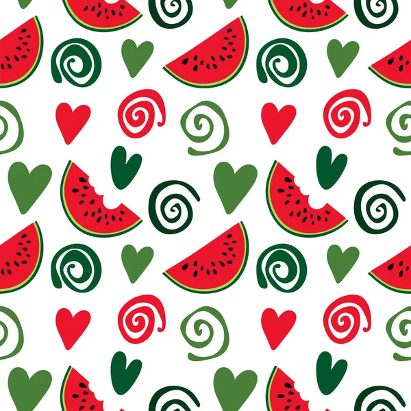 Geometric Seamless Pattern Hearts Spirals Watermelon Slices Abstract Background Simple — Stock Vector