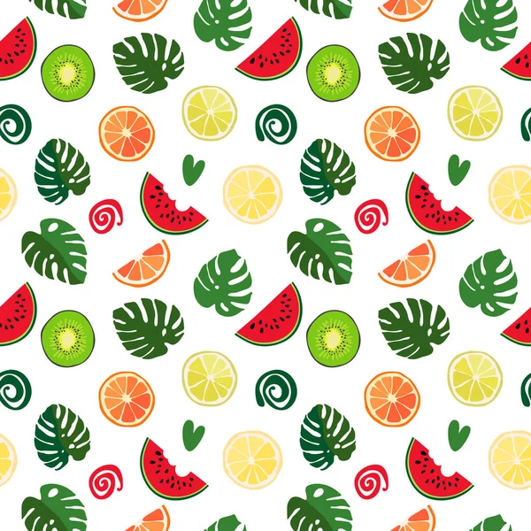 Textura Inconsútil Hojas Monstera Verde Rodajas Sandía Frutas Tropicales Patrón — Vector de stock